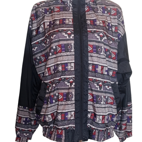 Vintage Geometric Aztec Print Windbreaker Jacket Size XL Nylon Zip Up Coat - Picture 2 of 10